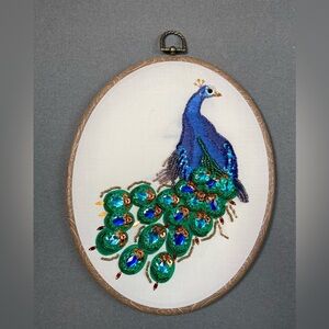 Peacock Embroidery with Sequins and Beads Oval Shape‎ Frame 11.5” x 9”